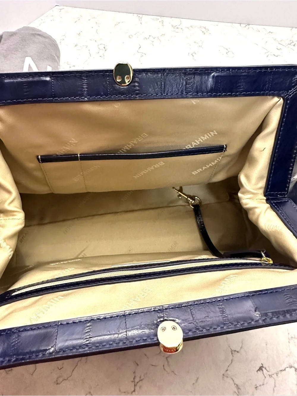Brahmin Layla Dark Blue Structured Bag Embossed Eel Print Leather Magnetic Close